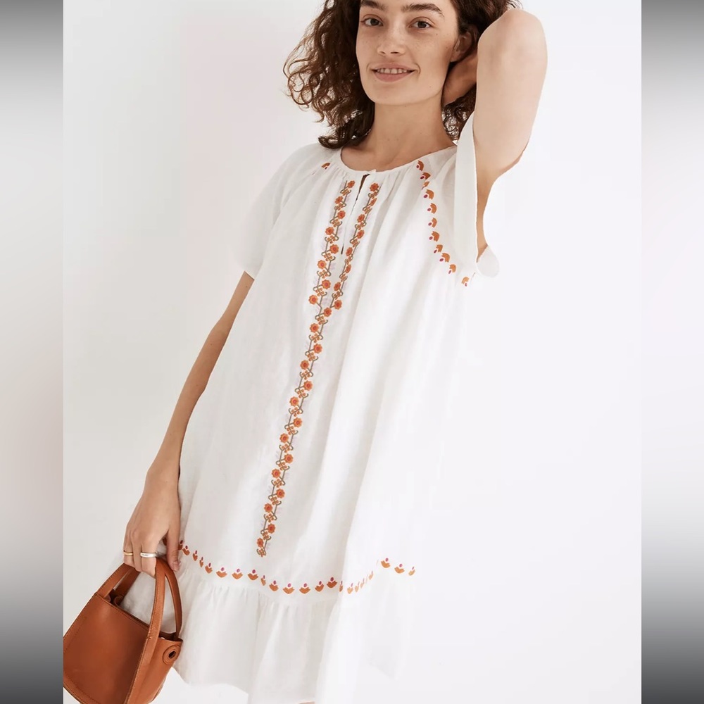 Madewell Embroidered Linen-Blend Raglan Ruffle Mini Dress Size Extra Small